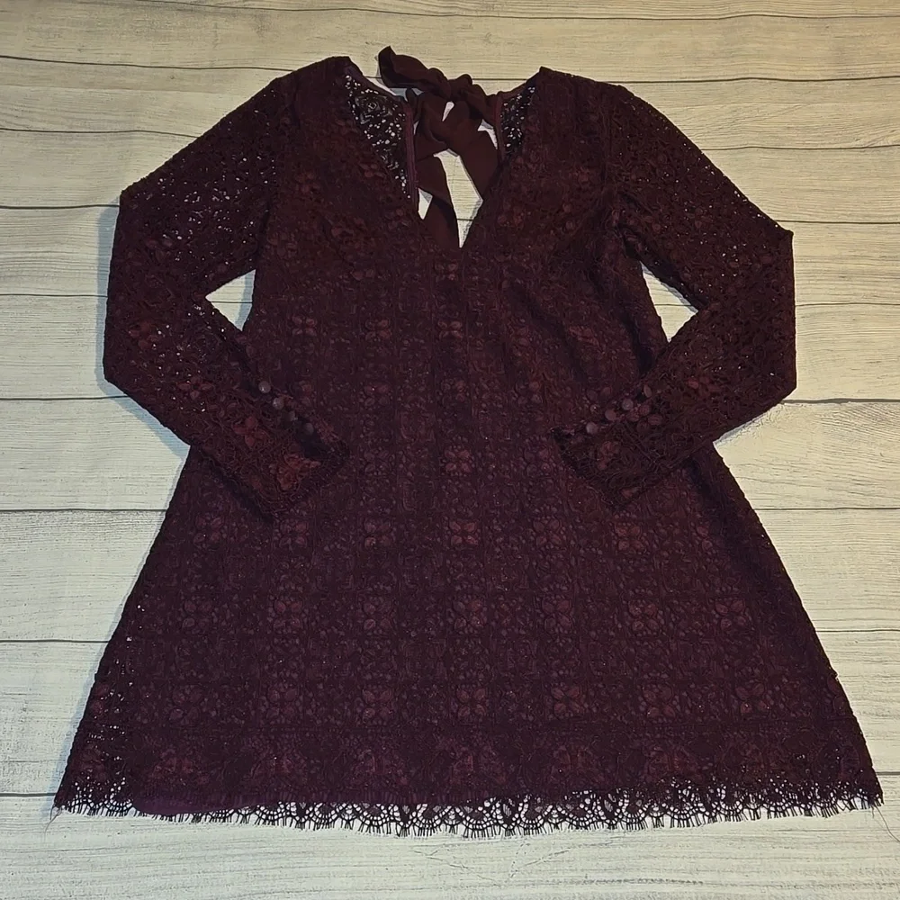 Free People Honey Honey Lace Long Sleeve Mini Dress Burgundy/Purple Size 12 NWOT